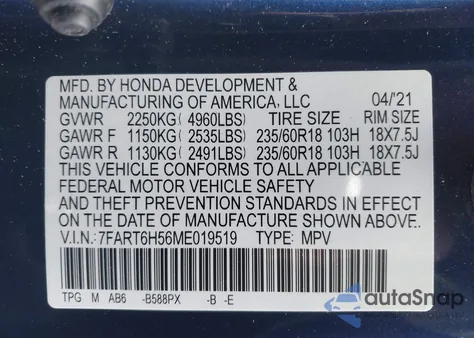 2021 Honda Cr-V Hybrid Ex from USA, damaged, VIN 7FART6H56ME019519